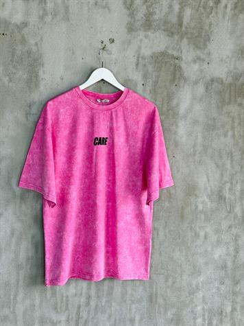 Yazı Baskılı Taş Yıkamalı Oversize Dokuma Tişört (Pembe)