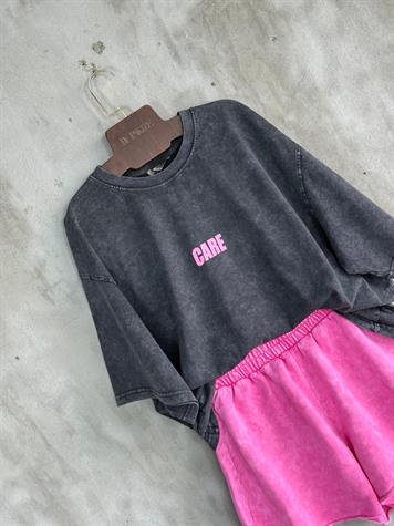 Yazı Baskılı Taş Yıkamalı Oversize Dokuma Tişört (Antrasit)