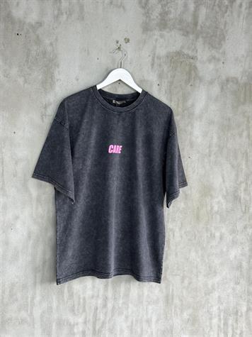Yazı Baskılı Taş Yıkamalı Oversize Dokuma Tişört (Antrasit)