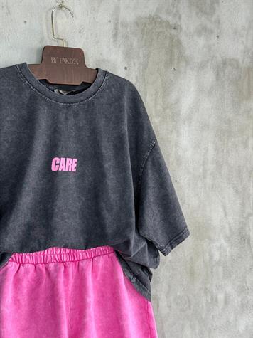 Yazı Baskılı Taş Yıkamalı Oversize Dokuma Tişört (Antrasit)