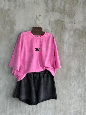 Yazı Baskılı Taş Yıkamalı Oversize Dokuma Tişört (Pembe)