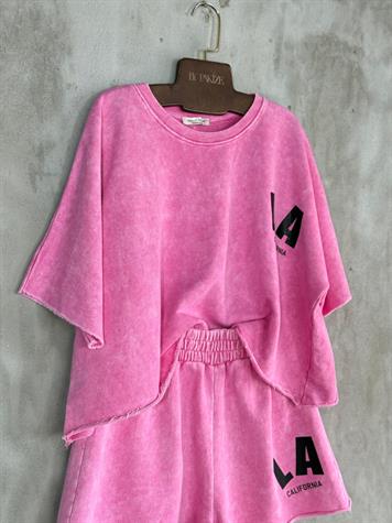 Yazı Baskılı Taş Yıkamalı Oversize Takım (Pembe)