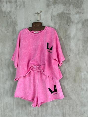 Yazı Baskılı Taş Yıkamalı Oversize Takım (Pembe)