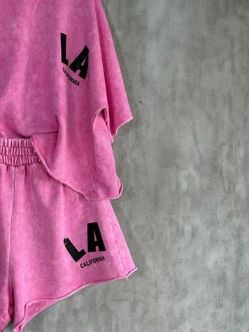 Yazı Baskılı Taş Yıkamalı Oversize Takım (Pembe)
