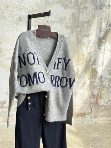 Yazı Desenli Düğmeli Oversize Triko Hırka (Gri)