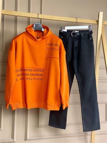 Yazı Detaylı Kapşonlu Turuncu Tunik Sweat