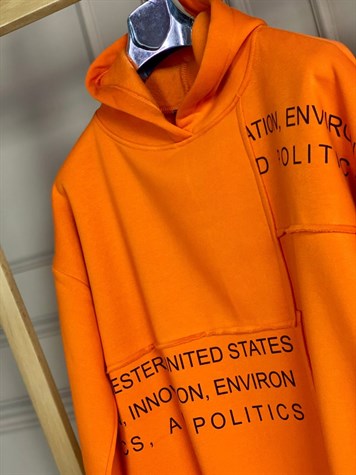 Yazı Detaylı Kapşonlu Turuncu Tunik Sweat