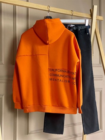Yazı Detaylı Kapşonlu Turuncu Tunik Sweat