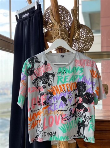 Yazı ve Çizgi Karakter Baskılı Tshirt (GRİ)