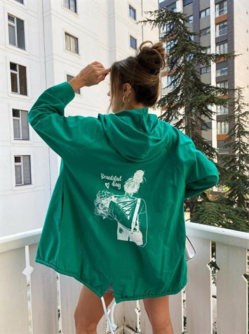 Yeşil Naturel Beautiful Day Yazı Figürlü Oversize Ceket