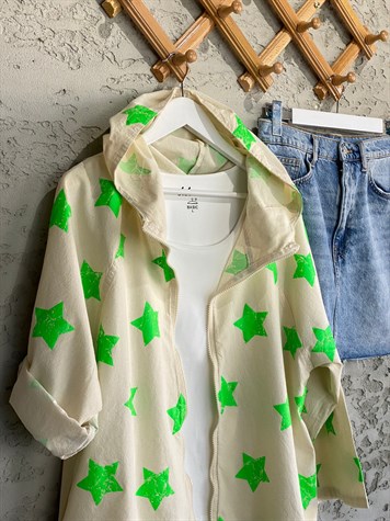 Yeşil Yıldız Detaylı Natural Kumaş Lüx Pamuk Kapüşonlu İnce Tasarım Ceket