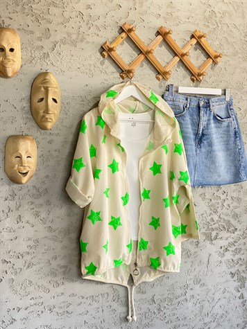 Yeşil Yıldız Detaylı Natural Kumaş Lüx Pamuk Kapüşonlu İnce Tasarım Ceket