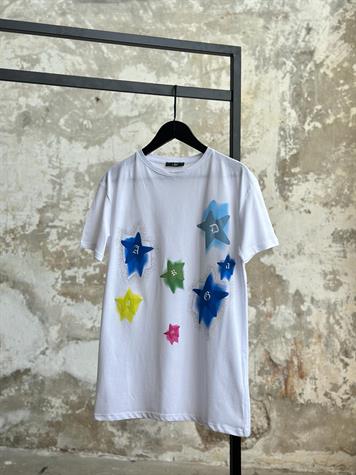 Yıldız Baskılı ve Taş İşçilikli T-Shirt (Beyaz)