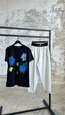Yıldız Baskılı ve Taş İşçilikli T-Shirt (Siyah)