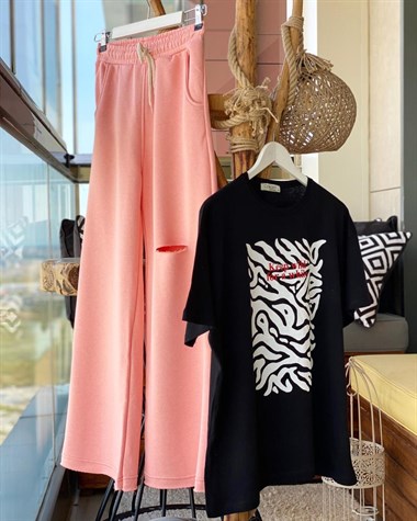 Yırtık Detaylı Geniş Paça Eşofman Pantolon (PEMBE)