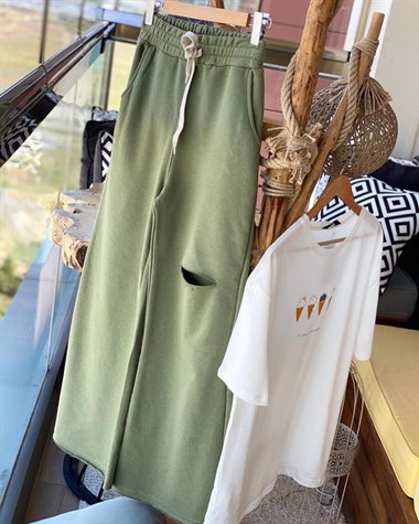 Yırtık Detaylı Geniş Paça Eşofman Pantolon (HAKİ)