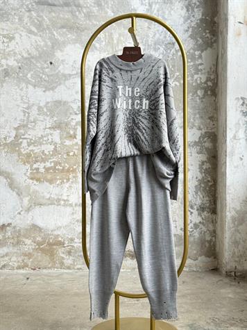 Yırtık Detaylı Oversize Triko Takım (Gri)