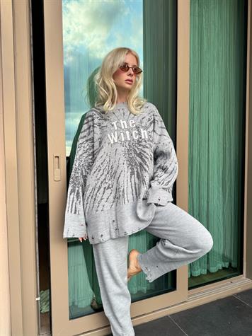 Yırtık Detaylı Oversize Triko Takım (Gri)
