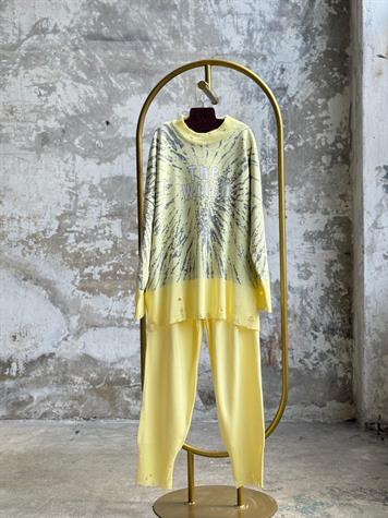 Yırtık Detaylı Oversize Triko Takım (Limon Sarısı)