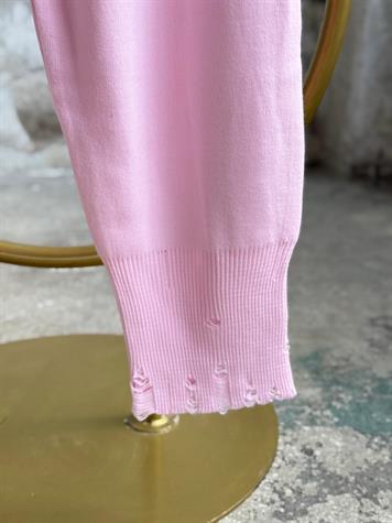 Yırtık Detaylı Oversize Triko Takım (Şeker Pembesi)