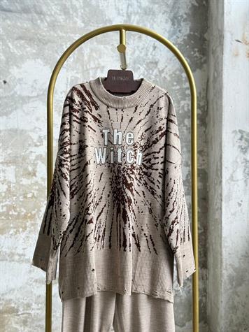 Yırtık Detaylı Oversize Triko Takım (Vizon)