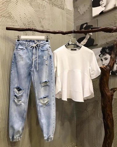 Yırtık Detaylı Yüksek Bel Jean