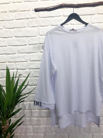 Yırtmaçlı Kolu Baskı Detaylı Tshirt (BEYAZ)
