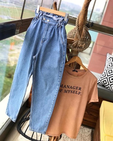 Yüksek Bel Beli Lastikli Havuç Kesim Jean