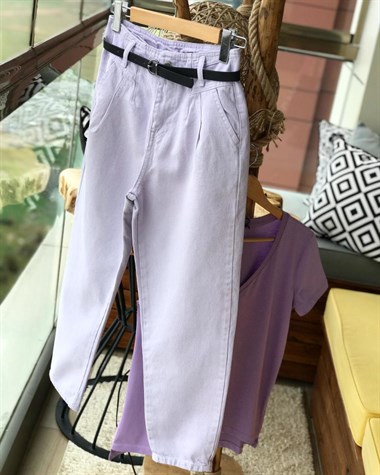 Yüksek Bel Kemerli Mom Jean (LİLA)