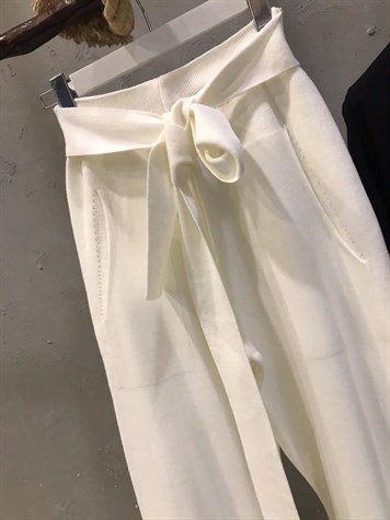 Yüksek Bel Kuşaklı Triko Pantolon (BEYAZ)