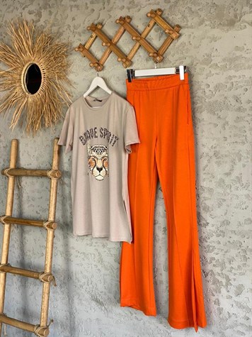 Yüksek Bel Paçaları Yırtmaçlı Eşofman (Oranj)