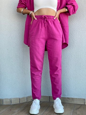 Yüksek Bel Pantolon Gömlek Keten Takım (Pembe)