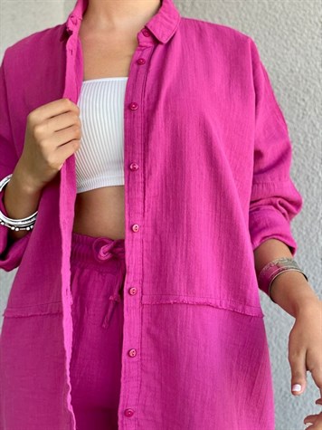 Yüksek Bel Pantolon Gömlek Keten Takım (Pembe)