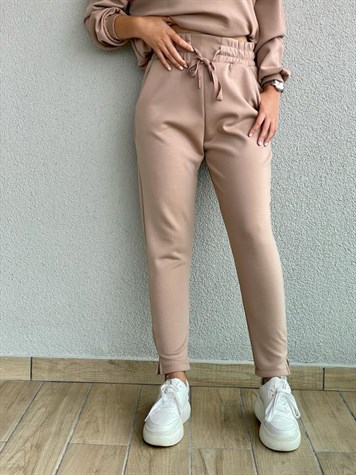 Yumoş Doku Yüksek Bel Jogger Pantolon (Bej)