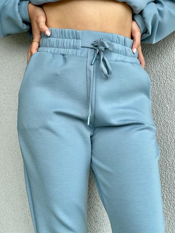 Yumoş Doku Yüksek Bel Jogger Pantolon (Mavi)