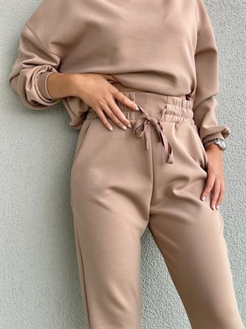 Yumoş Doku Yüksek Bel Jogger Pantolon (Bej)