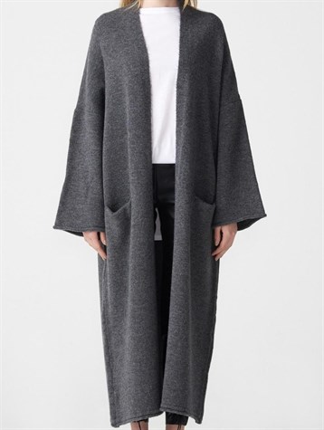 Yumoş Kumaş Kimono Kollu Cepli Uzun Hırka (GRİ)