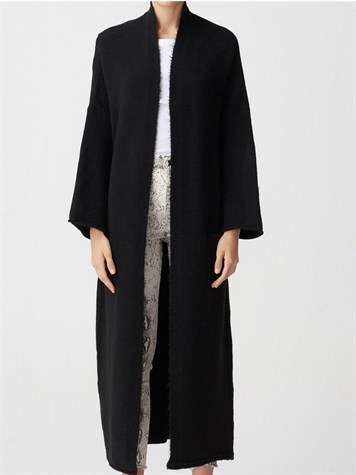 Yumoş Kumaş Kimono Kollu Cepli Uzun Hırka (SİYAH)