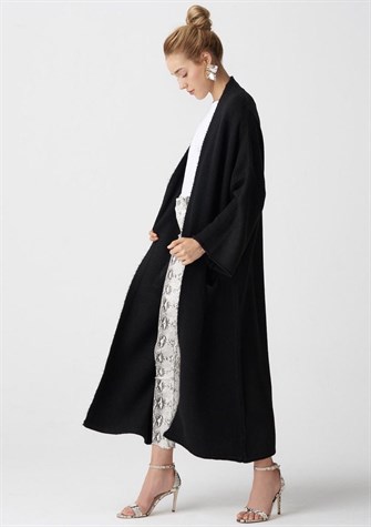 Yumoş Kumaş Kimono Kollu Cepli Uzun Hırka (SİYAH)