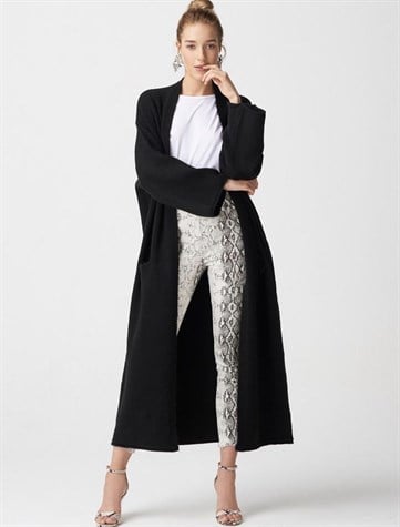 Yumoş Kumaş Kimono Kollu Cepli Uzun Hırka (SİYAH)