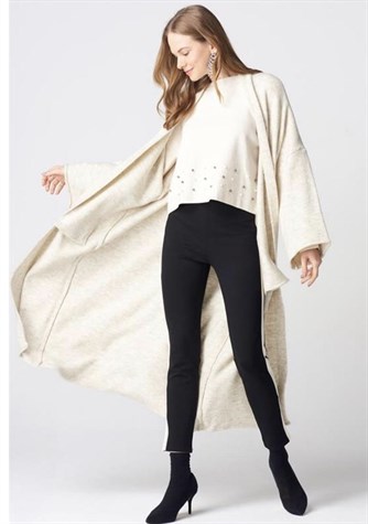 Yumoş Kumaş Kimono Kollu Cepli Uzun Hırka (KREM)
