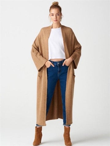 Yumoş Kumaş Kimono Kollu Cepli Uzun Hırka (KARAMEL)