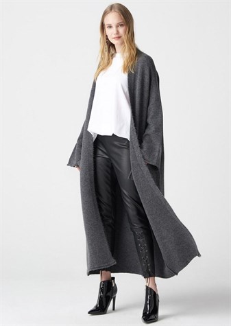 Yumoş Kumaş Kimono Kollu Cepli Uzun Hırka (GRİ)