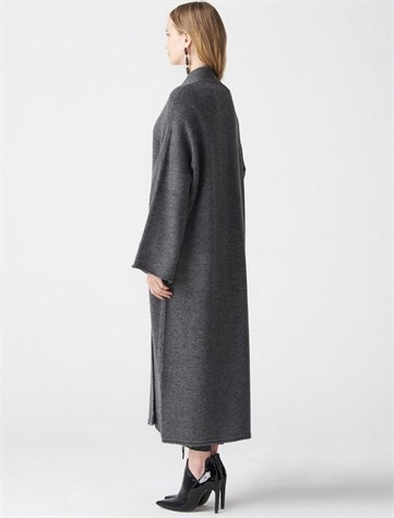 Yumoş Kumaş Kimono Kollu Cepli Uzun Hırka (GRİ)