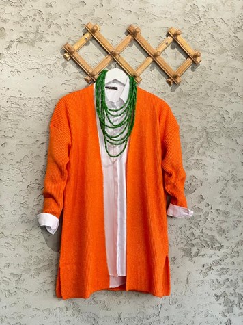 Yumoş Örgü Doku Uzun Tunik Hırka (Oranj)