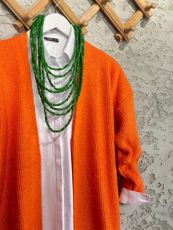 Yumoş Örgü Doku Uzun Tunik Hırka (Oranj)