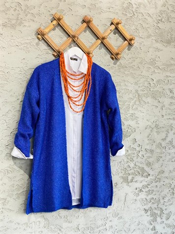 Yumoş Örgü Doku Uzun Tunik Hırka (Saks)
