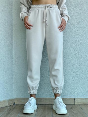 Yumuşak Doku Beli Lastikli Jogger Pantolon (Bej)