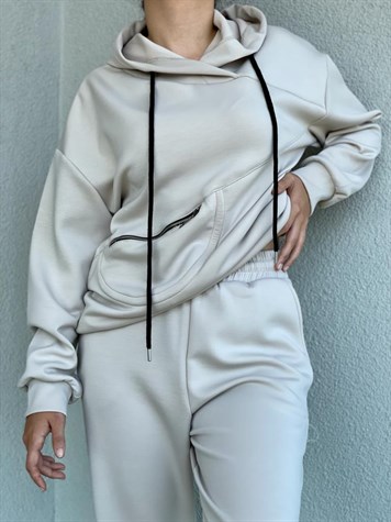 Yumuşak Doku Fermuar Detaylı Sweat (Bej)