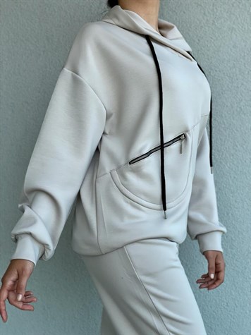 Yumuşak Doku Fermuar Detaylı Sweat (Bej)